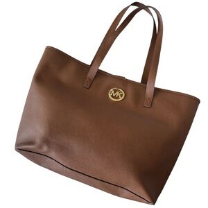 MICHAEL KORS Brown Saffiano Leather Travel Tote Bag + Gold MK Logo